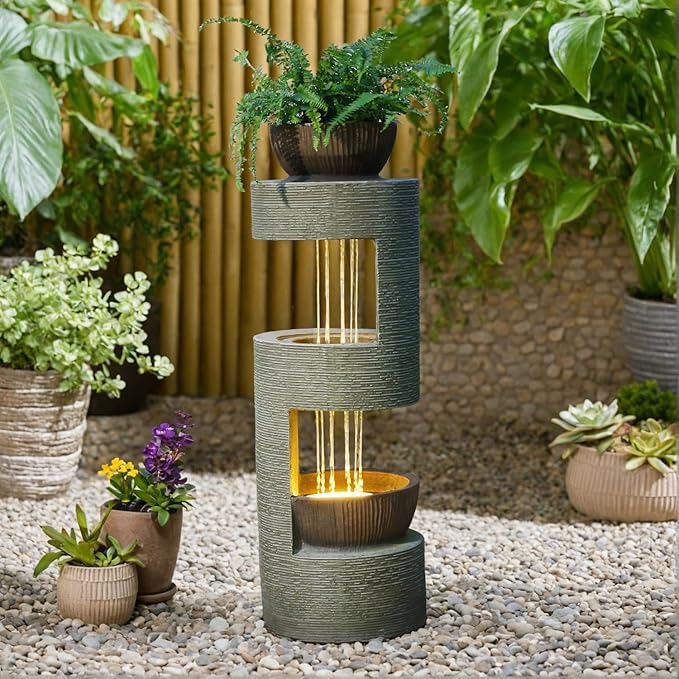 37.8" Outdoor Fountain with Waterfall & LED Lights, Freestanding Garden Water Fountain for Patio/Backyard, Resin Tiered Fountain with Pump