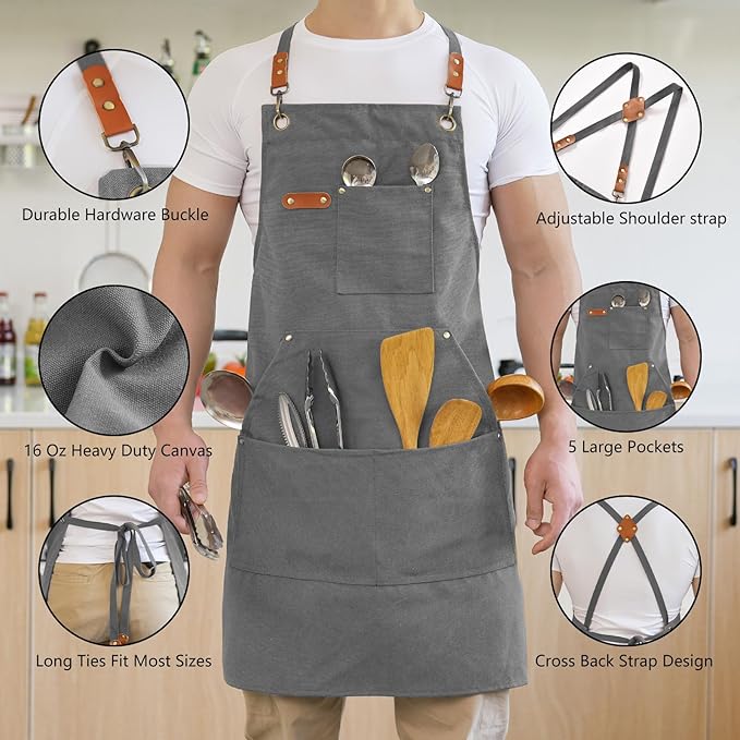 Canvas Aprons for Men Chef Apron, Work Apron with Large Pockets - 16oz Heavy Duty Cross Back, BBQ, Cooking