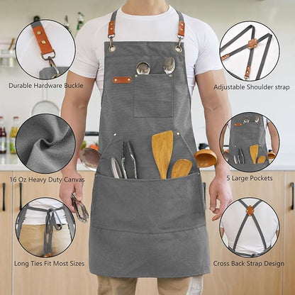Canvas Aprons for Men Chef Apron, Work Apron with Large Pockets - 16oz Heavy Duty Cross Back, BBQ, Cooking