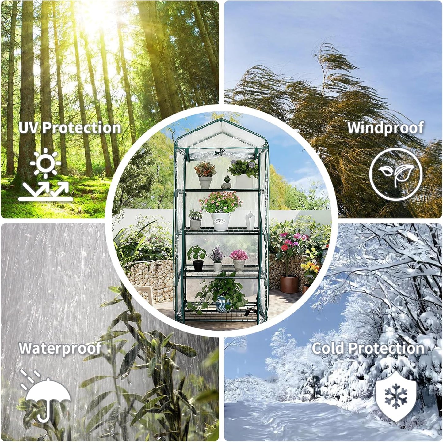 Mini Greenhouse for Indoor Outdoor, Small Plants Green House with 4 Tier Shelves, Portable Plastic Greenhouses with Transparent PVC Cover for Garden Backyard Patio Balcony Porch