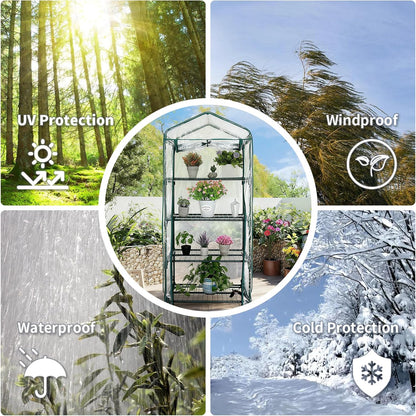 Mini Greenhouse for Indoor Outdoor, Small Plants Green House with 4 Tier Shelves, Portable Plastic Greenhouses with Transparent PVC Cover for Garden Backyard Patio Balcony Porch