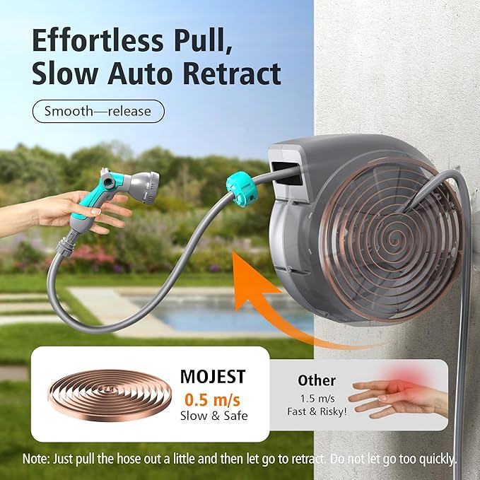 Retractable Garden Hose Reel - 1/2 in x 100 ft Wall Mounted Heavy Duty Water Hose Reel with Automatic Slow Rewind System, 180°Swivel Bracket, 2 Hose Nozzle, Dark Gray