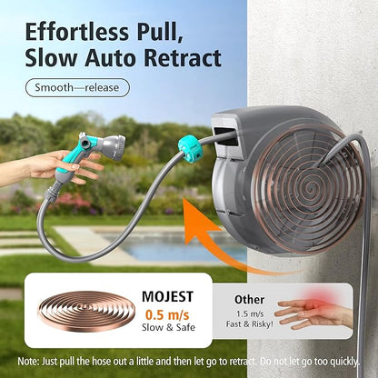 Retractable Garden Hose Reel - 1/2 in x 100 ft Wall Mounted Heavy Duty Water Hose Reel with Automatic Slow Rewind System, 180°Swivel Bracket, 2 Hose Nozzle, Dark Gray