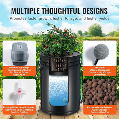 VEVOR DWC Hydroponics Grow System, Hydroponic Growing System with Top Drip Kit, Deep Water Culture 5-Gallon 4 Buckets, with Air Pump, Air Stones and Water Level Device for Leafy Vegetables
