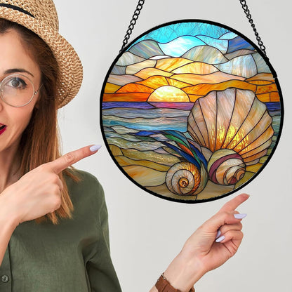 Stained Glass Window Hanging - Colorful Beach Shells Conch Sun Catcher for Door Home Decor Ocean Suncatcher Christmas Mother's Day Birthday Sea Lover Gifts for Women Men Mom Nana 11.8 in