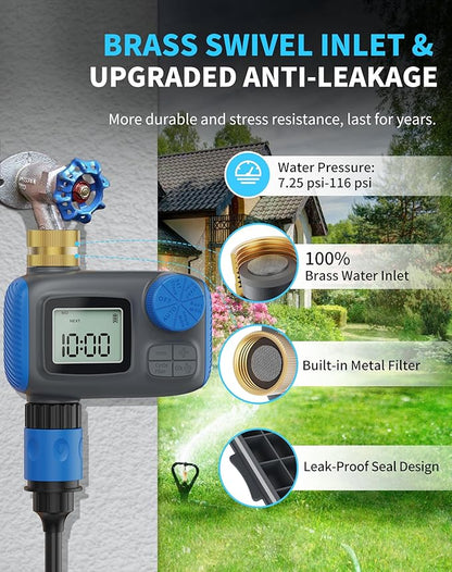 Sprinkler Timer, Programmable Hose Timers for Watering with Brass Swivel, Digital Irrigation Controller System with Rain Delay/Manual Mode/Automatic Watering for Outdoor Garden Yard Lawn
