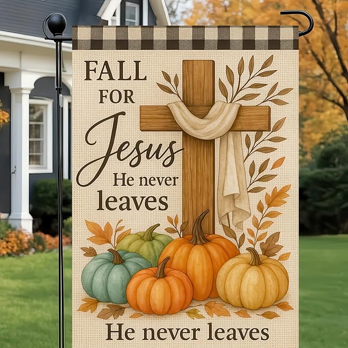 Thanksgiving Fall Garden Flag 12x18 Inch Fall for Jesus Outdoor Flag Double Sided Religious Cross and Pumpkin Yard Banner for Porch Lawn Patio Autumn Seasonal Decor