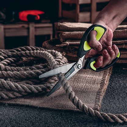 LIVINGO Heavy Duty Industrial Scissors: 10" Utility Stainless Steel Sharp Scissors all Purpose Premium Titanium Coating Forged Shop Shears for Household Pruning, Gardening, Construction, Green/Black