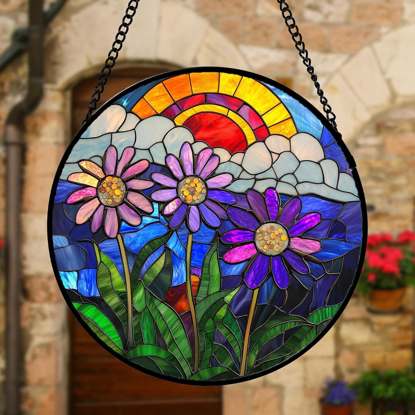 Stained Glass Window Hanging, Butterfly and Sunflowers Sun Catchers Glass Panel Plant Insects Suncatcher Decor for Birthday for Women, Men, Wife, Aunt, and Mom 6.3 in