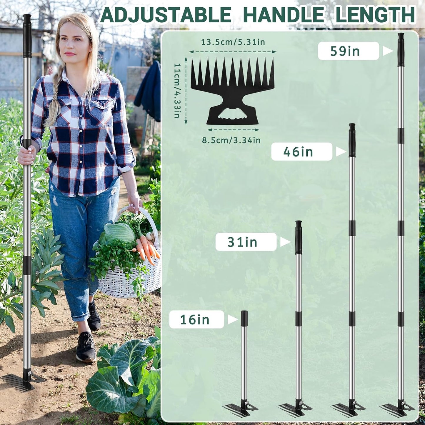 Weed Puller Tool with Long Handle, 2 in 1 Manual Weed Rake and Garden Hoe, 11 Tooth Weed Remover Tool, Hoe Garden Tool, Uprooting Weeding Tool for Yard, Lawn, Patio and Garden