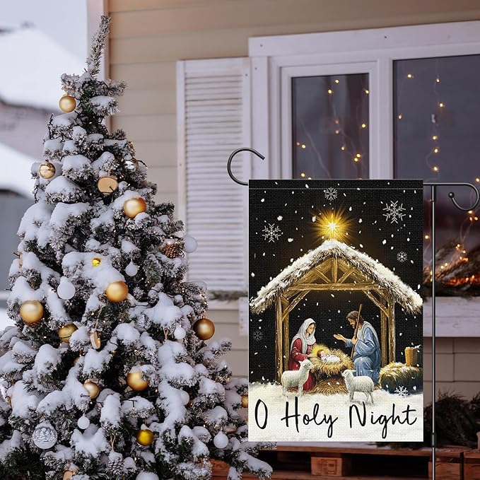 Louise Maelys Christmas O Holy Night Nativity Garden Flag 12x18 Inch Double Sided Xmas Small Burlap Welcome Winter Holiday Christian Yard Outdoor Outside House Decoration