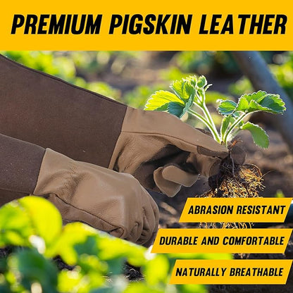 HANDLANDY Long Gardening Gloves for Men & Women, Cowhide Leather Rose Pruning Gloves- Breathable & Durable Gauntlet Glove (Large, Brown)