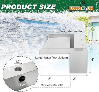 LONGRUN Stainless Steel Waterfall Spillway, APP Control Multi-Color LED Light Outdoor Pool Fountain, Water Spillway Koi Pond Waterfalls Fountains Kit for Garden Patio Swimming Pool Decoration-11.8"