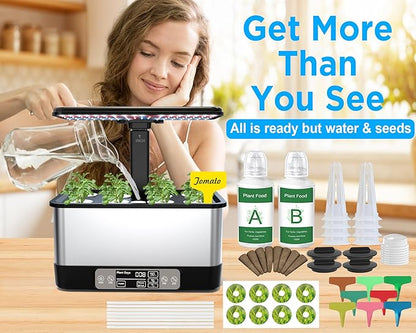 Hydroponics Growing System Indoor Garden, Smart Indoor Herb Garden with Grow Light, in Door Gardening System 8 Pods, APP & WiFi Control, Auto Timer, Quiet Pump, Stainless, Gift for Women Mom, Black