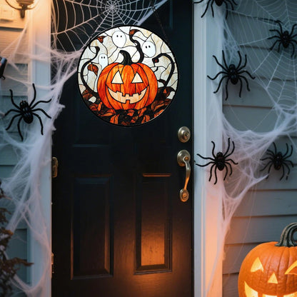 Stained Glass Window Hanging - Halloween Decorations Pumpkin Ghost Suncatcher for Doors Garden Indoor Spooky Funny Orange Sun Catchers Gothic Decor Horror Gifts for Women Men Friend 9.8 in