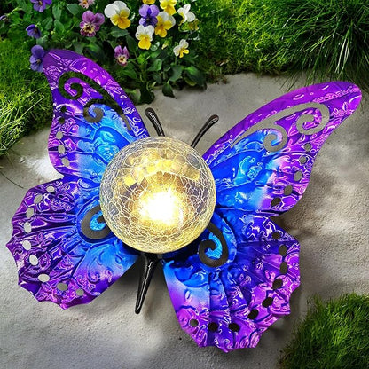 Solar Lights Outdoor Garden Butterfly Decor, Metal Butterfly Statue Decoration with LED Crackle Glass Globe, Solar Powered Lighted Garden Art Decor for Patio Lawn Yard Pathway Tabletop Ground