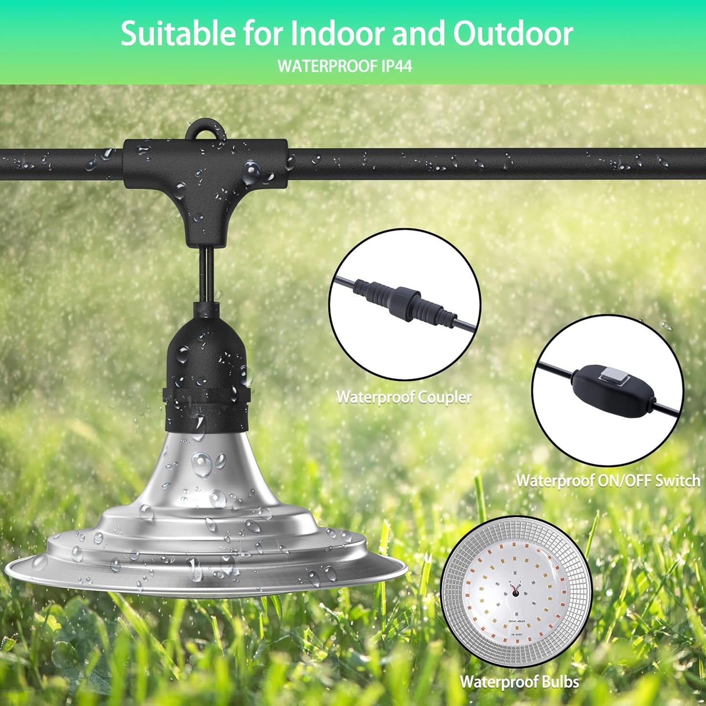 6-Light Outdoor LED Grow Lights – Waterproof Full Spectrum Greenhouse Lights for Plants, 21.3FT Adjustable String Lights with 288 LEDs E26 Base Bulbs, IP44 Waterproof for Garden, Farm, Yard