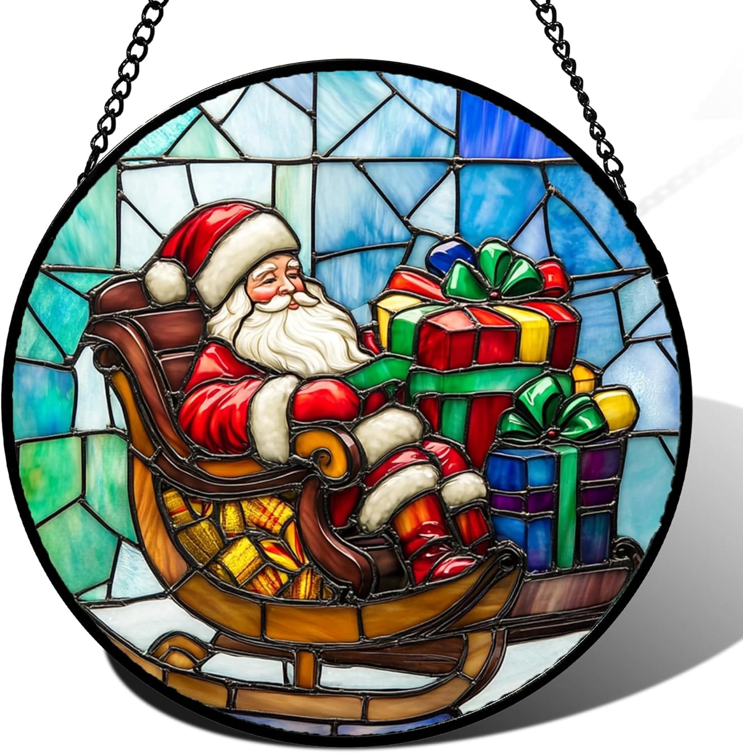 Stained Glass Window Hanging - Santa Claus Gift BoxSuncatcher for Doors Home Christmas Decoration Winter Sun Catcher Thanksgiving New Year Birthday Gift for Women Men Mom Nana 15 in