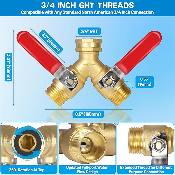 Hose Splitter 2 Way Heavy Duty, Upgrade Full Flow Brass Garden Hose Splitter Connector, Outdoor Water Spigot Splitter with Long Handle, Y Valve 3/4 Inch GHT Thread