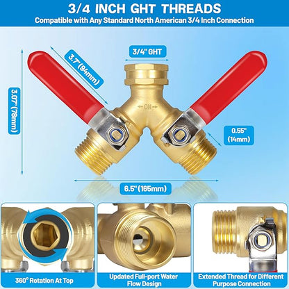 Hose Splitter 2 Way Heavy Duty, Upgrade Full Flow Brass Garden Hose Splitter Connector, Outdoor Water Spigot Splitter with Long Handle, Y Valve 3/4 Inch GHT Thread