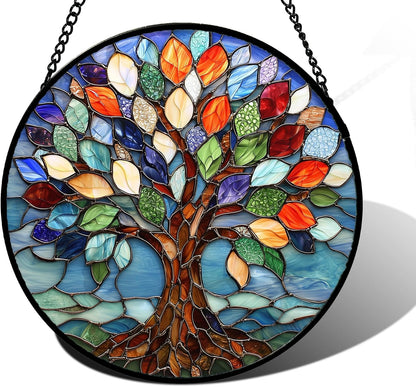 Stained Glass Window Hanging, Colorful Tree of Life Sun Catchers Glass Panel Blue Suncatcher Decor for Birthday for Women, Men, Wife, Aunt, and Mom 11.8x11.8 in