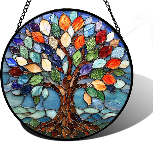 Stained Glass Window Hanging, Colorful Tree of Life Sun Catchers Glass Panel Blue Suncatcher Decor for Birthday for Women, Men, Wife, Aunt, and Mom 7.8 in