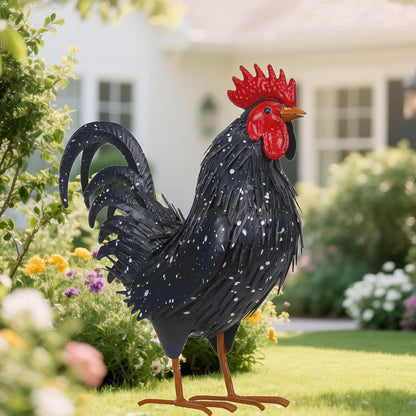 Rooster Garden Statue Sculpture Metal Chicken Yard Decor Outdoor Figurines Patio Backyard Decoration (Black)