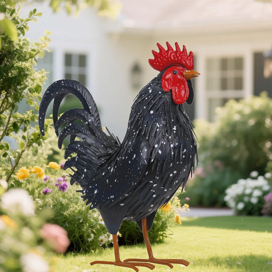 Rooster Garden Statue Sculpture Metal Chicken Yard Decor Outdoor Figurines Patio Backyard Decoration (Black)