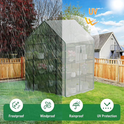 56×56×78Inch Walk-in Greenhouse for Outdoors with Screen Windows, Heavy Duty Small Plant House with Thicken PE Cover and Steel Shelves, Portable Green House for Outside Garden Winter, White
