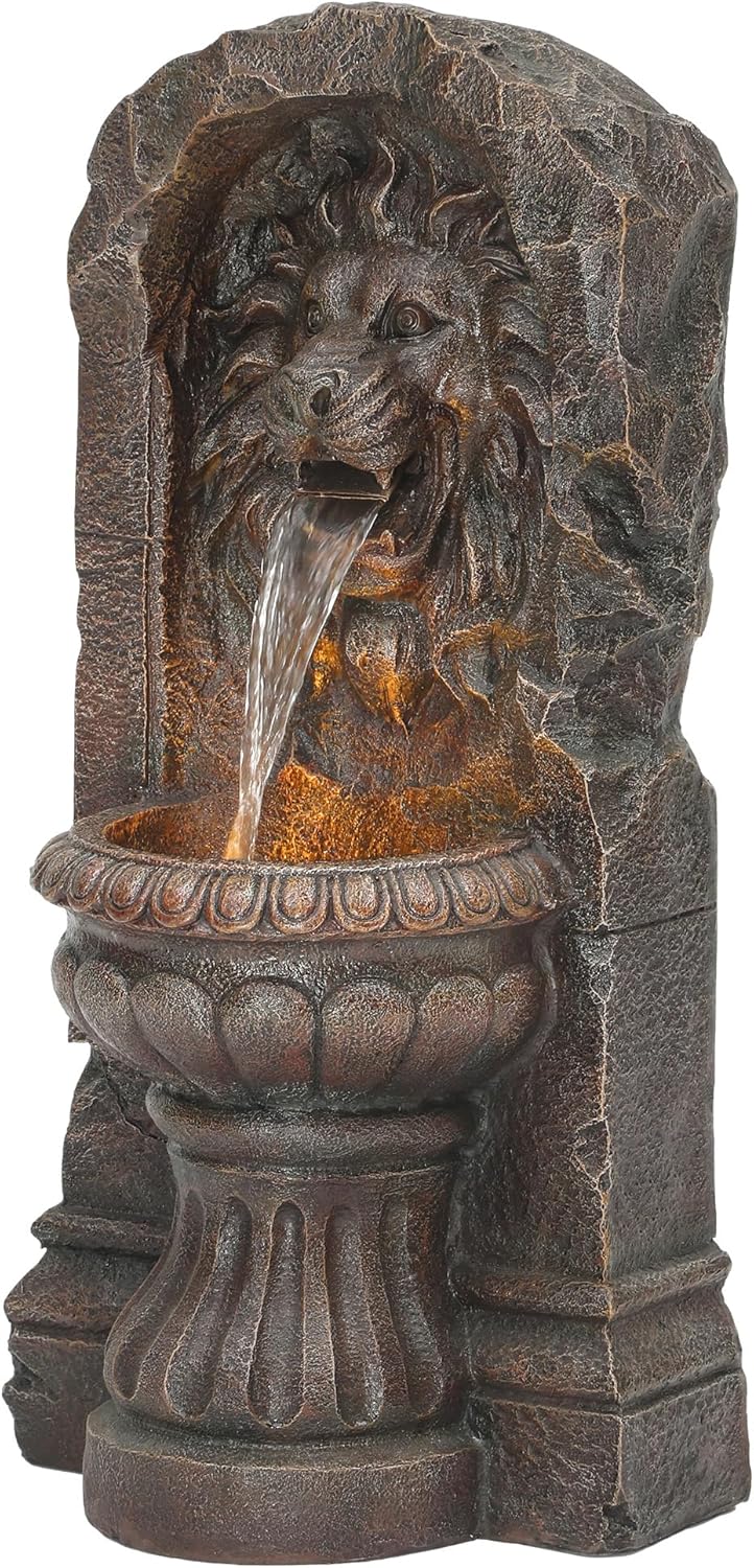 30in Outdoor Water Fountain with LED Lights, Majestic Bronze Lion Sculpture Garden Fountain, 2-Tier Pedestal Waterfalls, Durable Resin Water Feature for Yard, Patio or Porch Decor