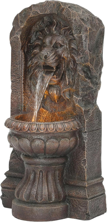 30in Outdoor Water Fountain with LED Lights, Majestic Bronze Lion Sculpture Garden Fountain, 2-Tier Pedestal Waterfalls, Durable Resin Water Feature for Yard, Patio or Porch Decor
