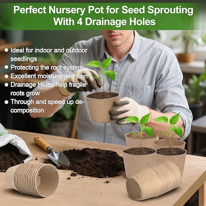 Peat Pots, 60 Pack Plant Starter Round Nursery Pot with Drainage Holes, Garden Germination Seedling Pots with 30 Plant Labels (4 Inch)