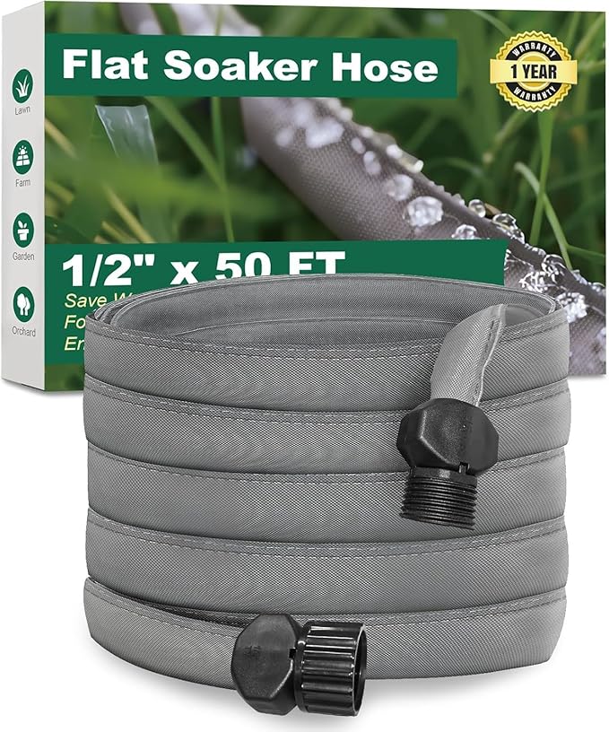 Flat Soaker Hose 50 ft for Garden Beds, Linkable Drip Irrigation Hose, Double-Layer PVC, Leakproof & Kink-Resistant, Even Seepage Saves up to 80% Water