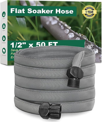 Flat Soaker Hose 50 ft for Garden Beds, Linkable Drip Irrigation Hose, Double-Layer PVC, Leakproof & Kink-Resistant, Even Seepage Saves up to 80% Water