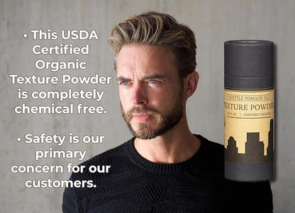 Organic Texture Powder for Men. Seattle Pomade Co. Creates Volume with certified organic materials. Fragrance-Free. Globally sourced certified organic materials.