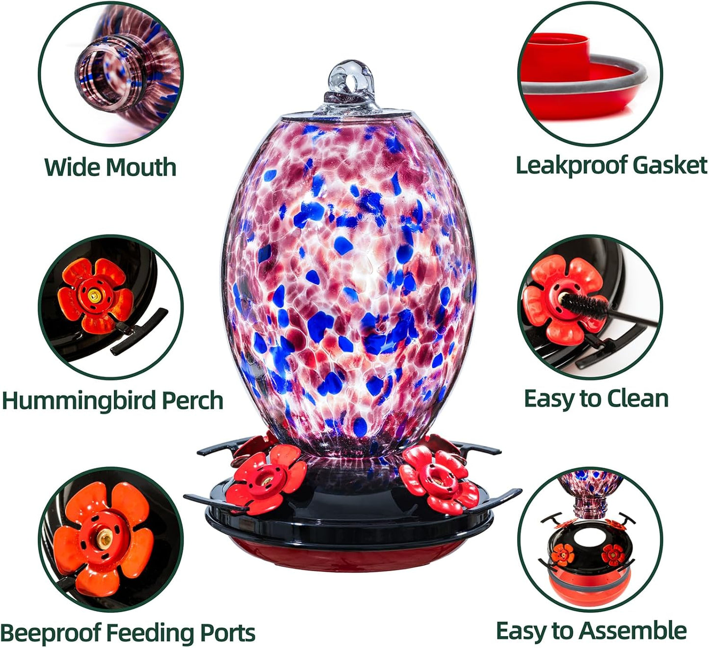 Muse Garden Glass Humming Bird Feeders for Outdoors - 27OZ Blown Glass Hummingbird Feeder - Unique Gift for Mom Women Grandparents, Outdoors Hanging Garden Decor, Includes Ant Moat & Brush, Purple