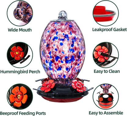 Muse Garden Glass Humming Bird Feeders for Outdoors - 27OZ Blown Glass Hummingbird Feeder - Unique Gift for Mom Women Grandparents, Outdoors Hanging Garden Decor, Includes Ant Moat & Brush, Purple