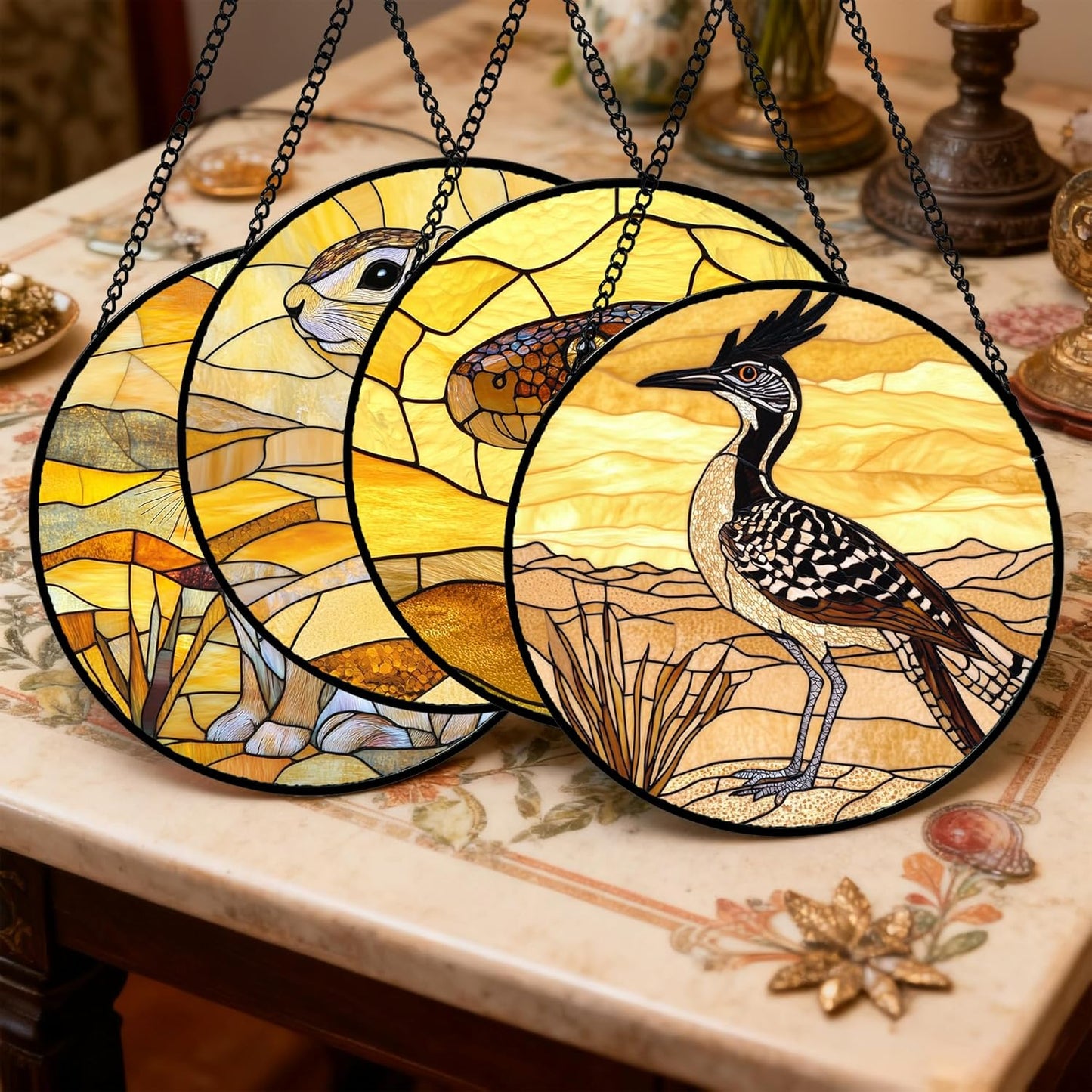 Stained Glass Window Hanging 4 Pcs Set Animals 6.3" - Desert Landscape Yellow Suncatcher Door Garden Sun Catcher Decor Birthday Christmas for Mom Woman Nana Men