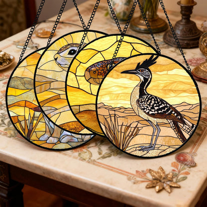Stained Glass Window Hanging 4 Pcs Set Animals 6.3" - Desert Landscape Yellow Suncatcher Door Garden Sun Catcher Decor Birthday Christmas for Mom Woman Nana Men