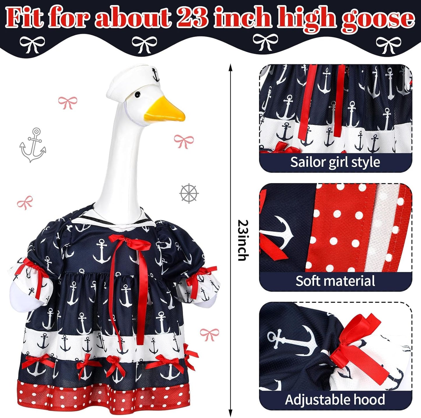Summer Porch Goose Outfit Nautical Party Sailor Goose Clothes for 23" High Cement or Plastic Geese Costume Cruise Dresses for Yard Lawn Outdoor Garden Patio Anchor Ocean Holiday Beach Decor