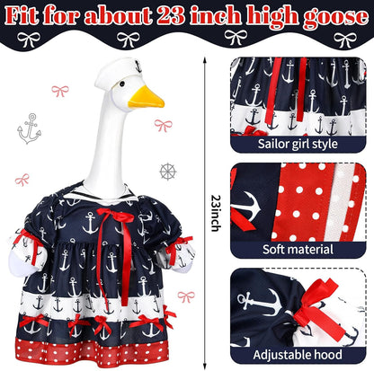 Summer Porch Goose Outfit Nautical Party Sailor Goose Clothes for 23" High Cement or Plastic Geese Costume Cruise Dresses for Yard Lawn Outdoor Garden Patio Anchor Ocean Holiday Beach Decor