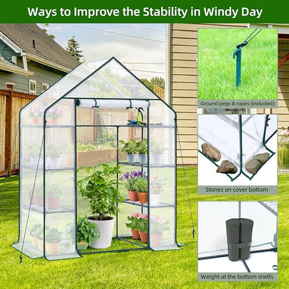 Ohuhu Small Greenhouse for Outdoors: 4 Tiers 6 Shelves Walk-in Indoor Green House Heavy Duty Plant Stands Reinforced Plastic PE Cover Mini Portable Warm House for Outside, 4.8x2.5x6.4 FT White