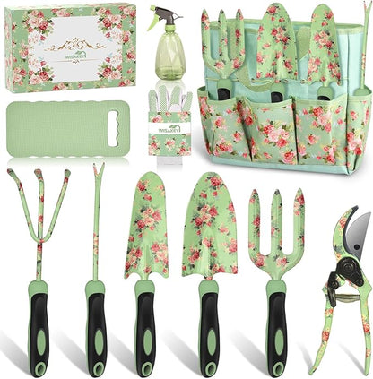 Gardening Tools, WisaKey 10 Piece Heavy Duty Garden Tools Set with Handle, Durable Fashion Garden Organizer Handbag, Ideal Gardening Gifts for Women