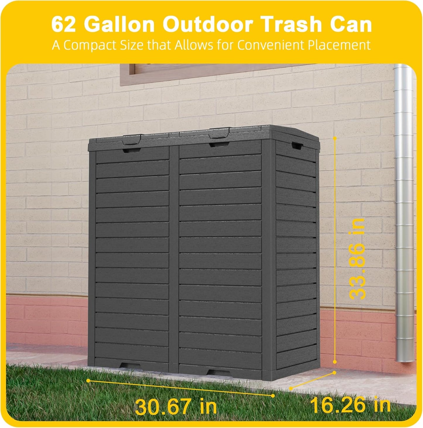 Outdoor Trash Can with lid, Waterproof, UV-Resistant Resin Garbage Can, Lockable Lid and Drip Tray, Animal-Proof, for Patio, Kitchen, Backyard and Deck (Black, 62 Gallon)