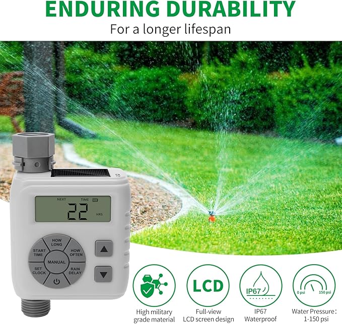 Sprinkler Timer, Programmable Irrigation Water Timer for Garden Hose, Solar/Battery Dual Power & Professional Leak-Proof Design, Rain Delay/Auto/Manual Watering System, Gray