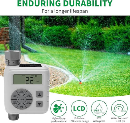 Sprinkler Timer, Programmable Irrigation Water Timer for Garden Hose, Solar/Battery Dual Power & Professional Leak-Proof Design, Rain Delay/Auto/Manual Watering System, Gray