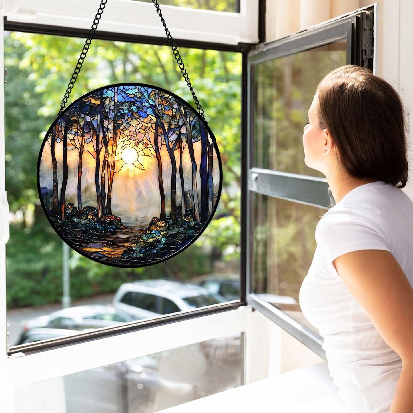 Stained Glass Window Hanging, Forest Sunrise Smoke Blue Brown Tree Suncatcher for Doors Window Home Landscape Sun Catchers Decor Mother's Day Birthday Gifts for Women, Men Mom 7.8 in