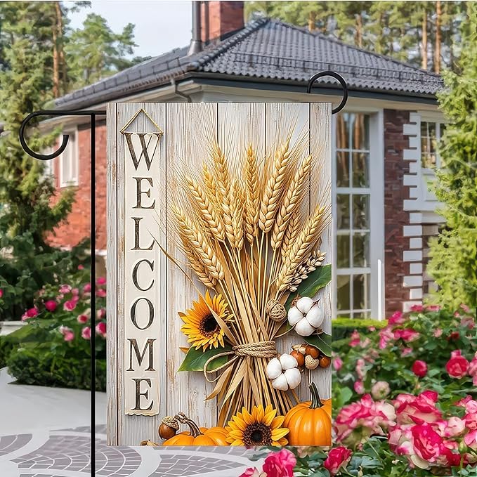 Thanksgiving Fall Garden Flag 12x18 Inch Welcome Wheat Sunflower Cotton Flag Double Sided Rustic Autumn Yard Banner for Porch Lawn Patio Seasonal Decor