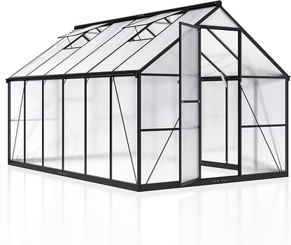 8×12 FT Greenhouse for Outdoors, Quick Setup Polycarbonate Greenhouse with Roof Vent, Walk in Green Houses for Outside for Outdoor Garden Backyard, Black