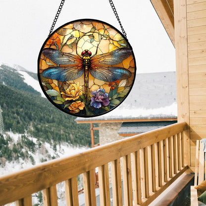 Stained Glass Window Hanging - Orange Blue Dragonfly Flower Suncatcher for Doors Window Home Sun Catchers Decor Christmas Mother's Day Birthday Outdoor Gifts for Women Men Mom Nana 14.9 in